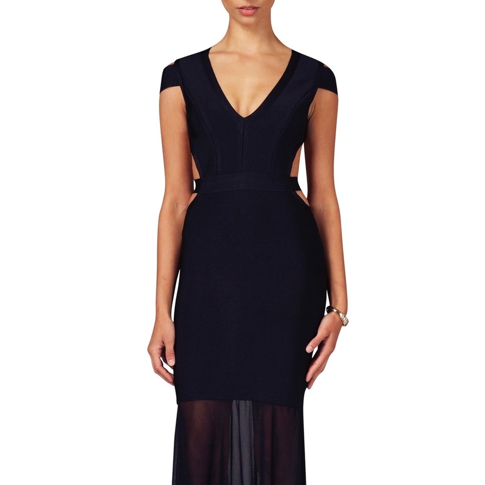 BCBG CORRIE- Short Sleeve Sheer Cage Backless Cutout Bandage Gown Mermaid Dress